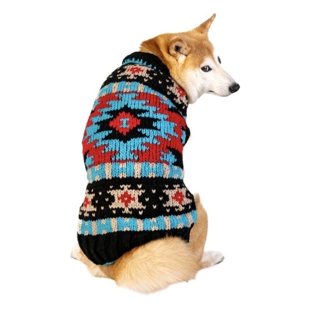Chilly Dog Sweater‎ Sz L Black Red Blue 100% Wool Aztec Tribal Warm Thick Winter